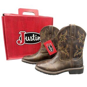 Justin Western Boots Kids Rugged Tan‎ Buffalo 4.5D Embroidered Square Toe SK4681